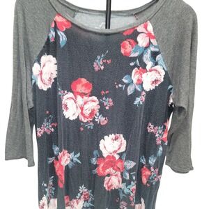 Maurices 24/7 Womens Floral Raglan 3/4 Sleeve Baseball Tee Grey Red Rose Large